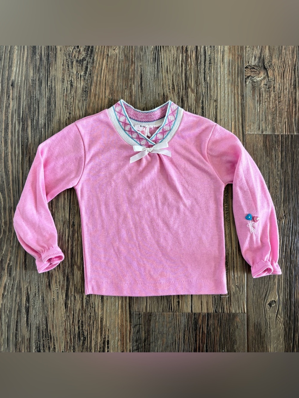 Vtg Garanimals L/S Shirt 2T Pink Patterned Collar Bow Heart Buttons Cottagecore